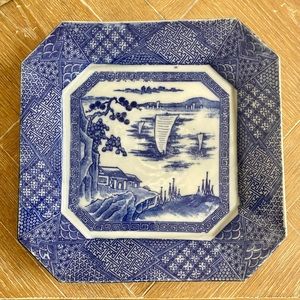 Japanese Antique Plate/Charger Blue & White Transferware Landscape 12”